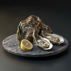 Hu&icirc;tres sur assiette en pierre ,avec citron 