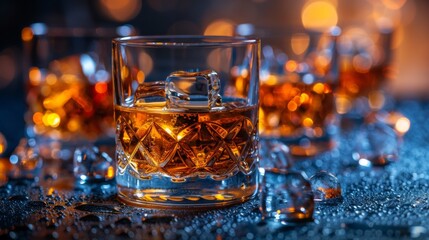A close up of a glass filled with whiskey and ice cubes, AI