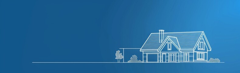 White line drawing of a house on a blue background White line drawing of a house on a blue background