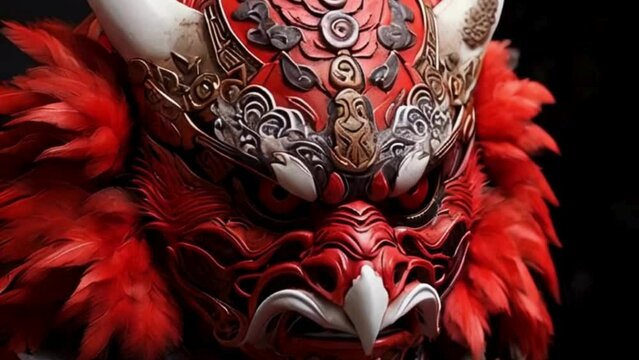 Intricate Red Tengu Mask with Fierce Expression