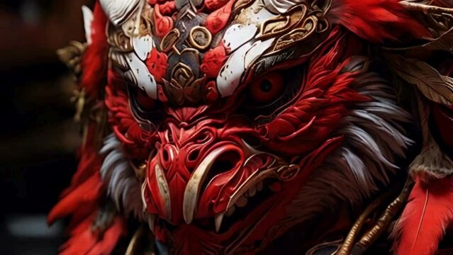 Intricate Red Tengu Mask with Fierce Expression