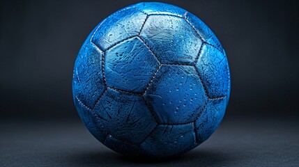 Bright blue soccer ball on a stark black backdrop ideal for sports equipment marketing with dynamic contrast