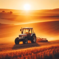 tractor working under sunset