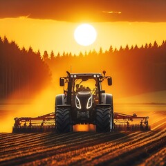 tractor working under sunset