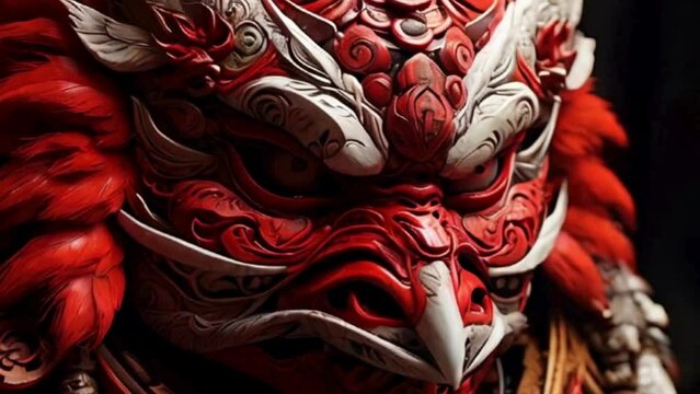 Intricate Red Tengu Mask with Fierce Expression