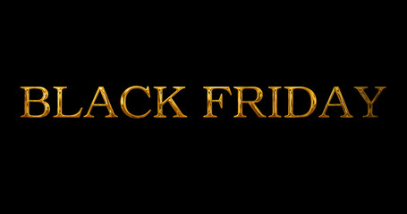 Black Friday text golden metallic typographic animation overlay asset. Announcement sale discount coupon tag deals offers savings and promotions Cyber Monday weekend sales discount ad banner.