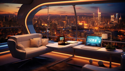 A futuristic home office with a large curved window looking out over a cityscape at night. There is a desk with a laptop on it. There is also a comfortable-looking couch and a coffee table.