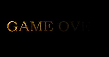 Game over golden metallic typography text animation. Game over screen text animation clip overlay fx. Final finish progress simple graphic add message icon electronic interface play more ad.