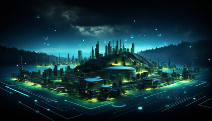 A digital painting of a futuristic city. The city is built on a floating island and is surrounded by a sea of data. The city is lit up by neon lights and the sky is filled with stars.