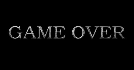 Game over golden metallic typography text animation. Game over screen text animation clip overlay fx. Final finish progress simple graphic add message icon electronic interface play more ad.