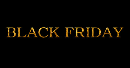 Black Friday text golden metallic typographic animation overlay asset. Announcement sale discount coupon tag deals offers savings and promotions Cyber Monday weekend sales discount ad banner.