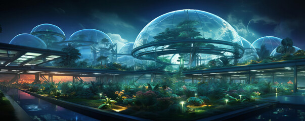 A lush, futuristic arboretum with glass domes and walkways.