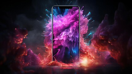 A 3D rendering of a smartphone with a glowing screen and a colorful explosion of particles and smoke in the background. Dynamic image designed for advertising use, digital marketing and promotions.