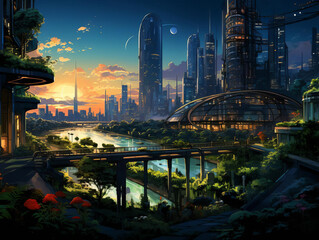 A beautiful painting of a futuristic city with a river running through it. The city is full of skyscrapers and lush greenery. The sky is a clear blue with a few clouds dotting the horizon.