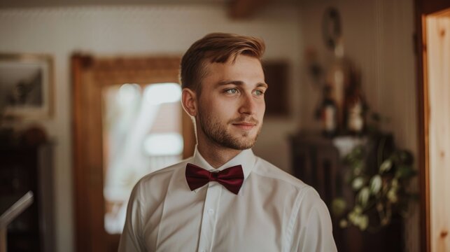 Groom dons a red bow tie as he stands in the room