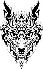 A black and white drawing of a wolf with a mane. The wolf has a fierce look on its face. Ornamental wolf head logo template