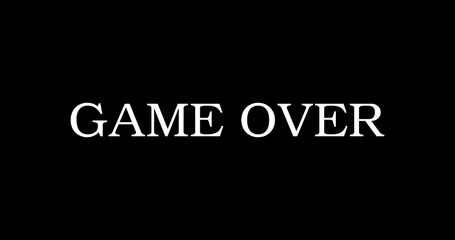 Game over golden metallic typography text animation. Game over screen text animation clip overlay fx. Final finish progress simple graphic add message icon electronic interface play more ad.