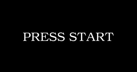 Press Start simple text golden metallic illuminated overlay effect. Press start motion screen interface menu gameplay intro banner. Nostalgia creative win end over game screen virtual stream.