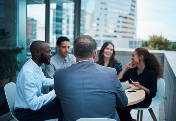 Fototapeta premium People, business meeting and teamwork together outside, employees and discussion for company project. Rooftop, brainstorming and ideas for corporate agency or workplace with innovation in Germany.