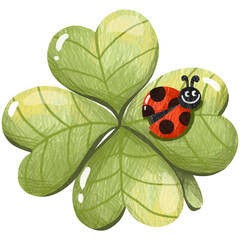hand paint of smiley ladybug with green clover leaf. illustration element decoration. © bloomingcheekss