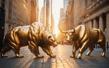 clash of golden bull and bear market stock exchange concept financial district