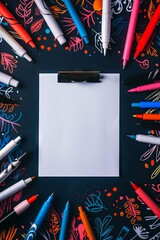 A clipboard with colored markers and a blank sheet of paper.