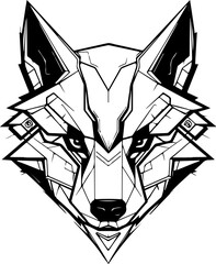 Fototapeta premium A black and white drawing of a wolf. The wolf has a menacing look on its face. Concept of danger and power. Futuristic, cyber wolf head logo template.