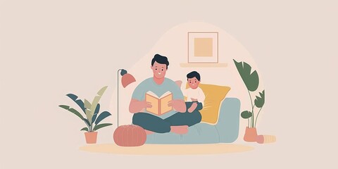 A man and a child are sitting on a couch reading a book. The room is decorated with plants and a vase. Scene is warm and cozy
