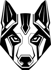 A black and white drawing of a wolf. The wolf has a menacing look on its face. Concept of danger and power. Futuristic, cyber wolf head logo template.