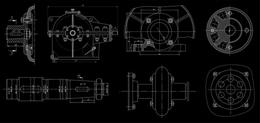 Vector engineering drawing of steel mechanical parts 
with through holes and dimension lines. Industrial 
cad scheme on paper sheet. Technology background.