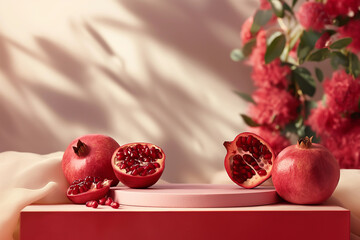A podium with pomegranate cut in half and pink flowers on a pink background.