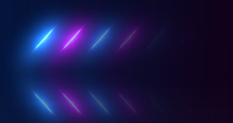 Neon stripes futuristic retro style technology loop. Diagonal laser beams glowing connection cyber floor reflective vibrant trendy broadcast dynamic elegant high speed motion bg.