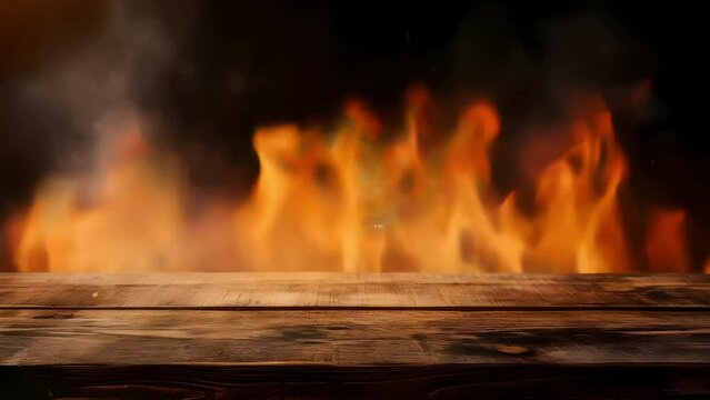 Blank wooden table with fire burning at the edge of the table, fire sparks and smoke with flames on a dark background 