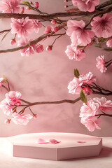 A pink podium and a pink background with a cherry blossom tree