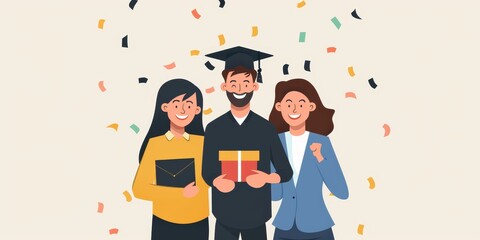 Obraz premium A cartoon of a man and two women holding graduation presents. The man is wearing a black graduation cap and gown. The woman on the left is holding a book and the woman on the right is holding a box