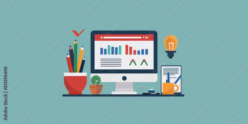 Poster a computer monitor sits on a desk with a potted plant and a cup. the monitor displays a graph with a