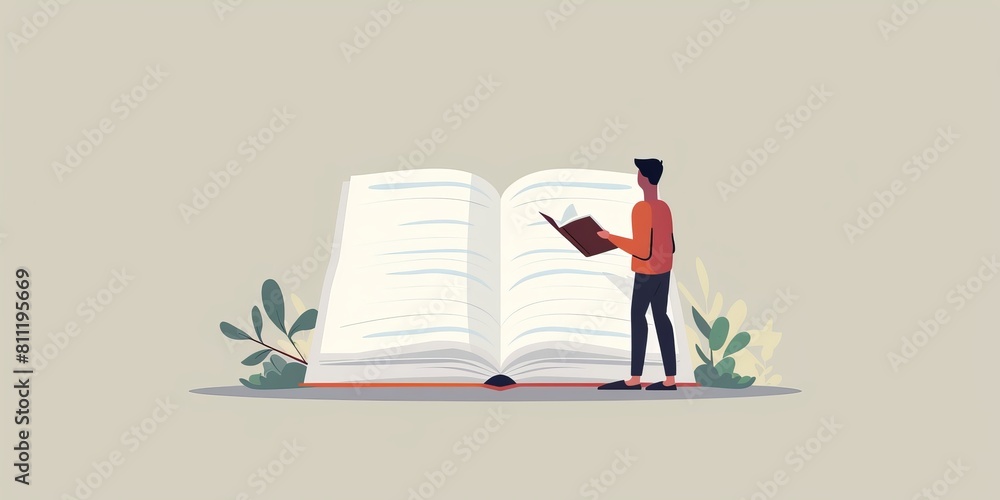 Poster a man is reading a book with a large open book in the background. concept of curiosity and learning