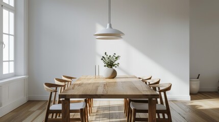 A minimalist dining room with a simple wooden table, modern chairs, and a statement pendant light, perfect for intimate gatherings.