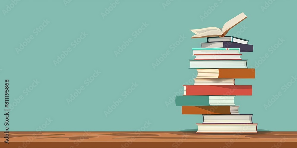 Poster a stack of books on a table with a blue background. the books are of different sizes and colors, and