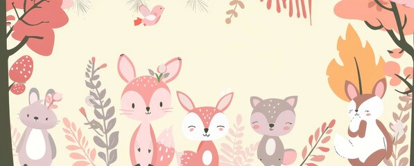 A group of cute animals are sitting in a forest. The animals include a fox, a rabbit, a bird, and a squirrel