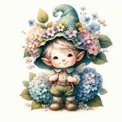 Fototapeta premium Gnome hydrangea fairy watercolor