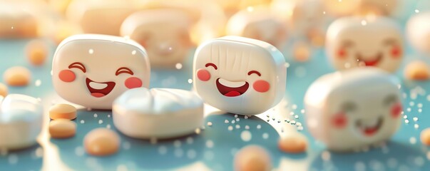 Obraz premium Cartoonish illustration of smiling pills with different facial expressions, set against a bright, cheerful background