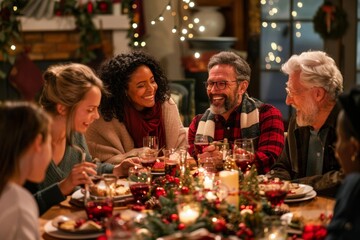 Family members and friends gathered around a dinner table during a festive gathering, A festive gathering with extended family members enjoying each other's company and lively conversation