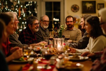 Group of People Sitting Around Dinner Table, A festive gathering with extended family members enjoying each other's company and lively conversation