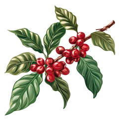 Coffee branch with red berries and green leaves on a transparent background.