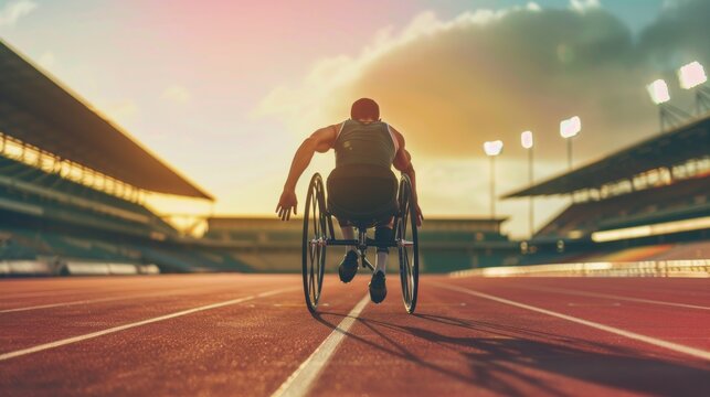 Determined Wheelchair Athlete Racing on Track at Sunset