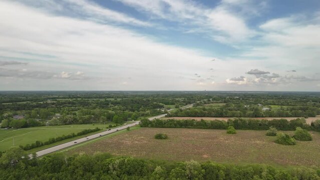 Flying along country multiline highway in the small American city of Versailles, Kentucky