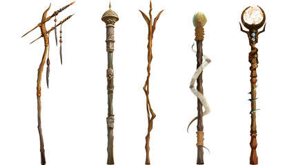 Wizards' staffs depicted in four different, isolated on transparent background