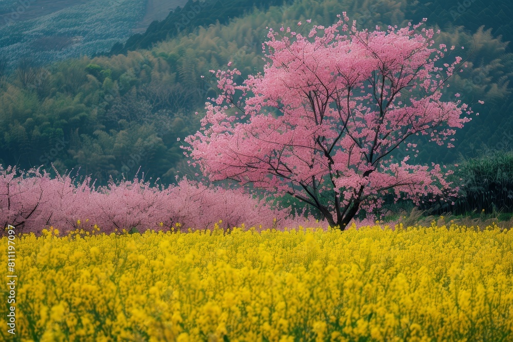 Poster A pink cherry blossom tree stands in a field of vibrant yellow flowers under the spring sunlight, A field of blooming cherry blossoms in the springtime