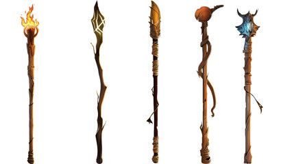 Wizards' staffs depicted in four different, isolated on transparent background